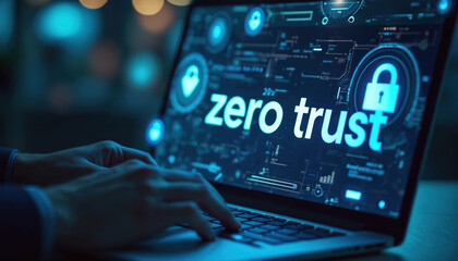Person working on laptop with zero trust security concept on screen. Digital lock icon visualizes data protection. Cyber security theme. Technology and computer network safety solutions.