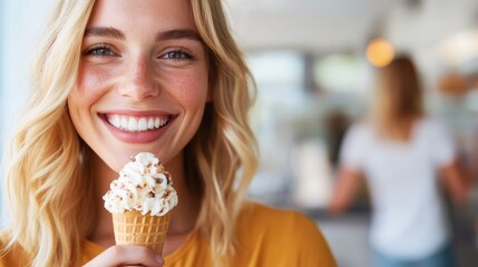 Joyful young woman enjoying ice cream in Maastricht's vibrant streets