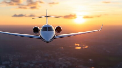 Private jet soaring through a vibrant sunset over a bustling cityscape
