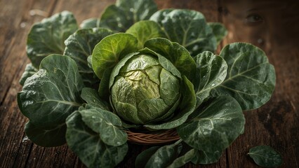 Fototapeta premium Fresh Brussels sprouts surrounded by green leaves on a wooden surface.