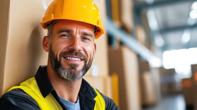 Engineer in hardhat and blazer exudes professionalism in a busy warehouse