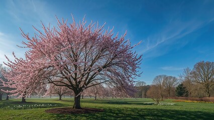 Obraz premium A flowering tree in full bloom on a sunny day with other trees in the background and a clear blue sky.