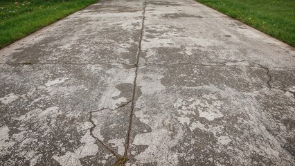 Cracked concrete driveway with grass on sides, showing signs of wear and aging.