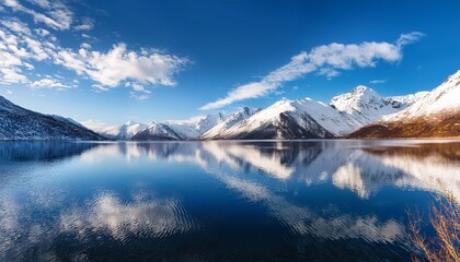 serene and tranquil waters of a lake reflecting snowy mountains beneath a bright sky with clouds