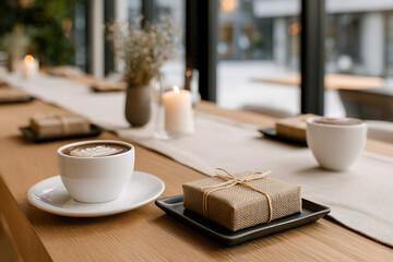coffee shop gift exchange, cozy coffee shop meetup with small gift boxes on the table, shallow depth of field capturing the ambience