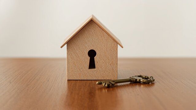 A small wooden house with key in foreground, symbolizing security or access. The concept of home, security, and keys.