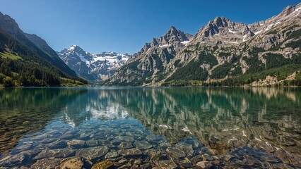 Naklejka premium Snow-capped mountains and lush greenery reflect on a calm mountain lake, with clear water and a serene landscape.