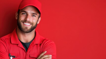 Skilled mechanic ready for action against vibrant red backdrop