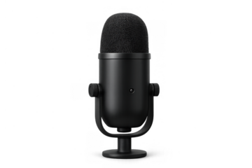 Black podcast microphone producing quality audio sound, broadcasting voice content, transparent background