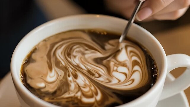Close-up of a spoon stirring cream into a cup of hot coffee with a swirling pattern on the surface