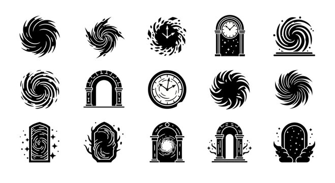 Dynamic abstract portals and timeless clock icons representing mystical journeys and cosmic phenomena