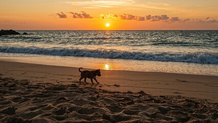 A dog walking on the beach during sunset with the ocean and sky in the background.