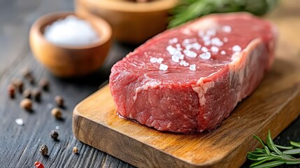 Raw striploin steak adorned with salt ready for a culinary creation