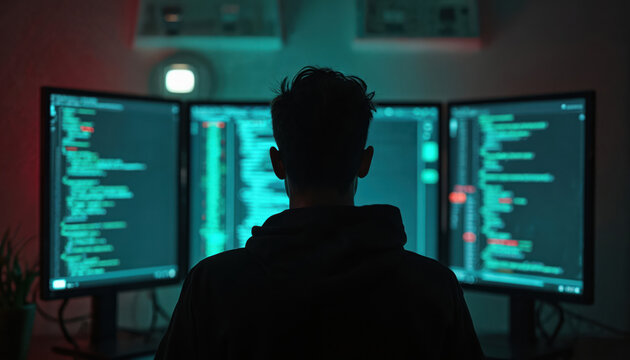 Rear view of a person looking at computer monitors displaying code. The silhouette suggests a hacker in a dark room. Tech concept of cyber security data breach and computer crime.