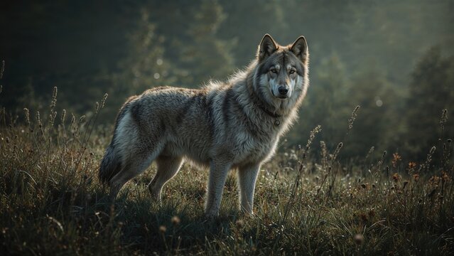 Wolf in a natural outdoor setting during twilight or dawn. Wildlife and nature scene. The animal in its habitat.