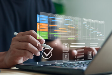 professional managing project timelines with digital Gantt charts, task tracking, and workflow planning tools, highlighting productivity, scheduling, and efficient project management tech workspace.
