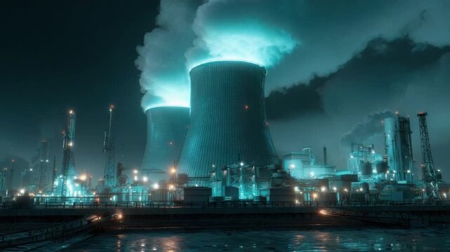 Industrial Power: Night view of a modern industrial complex, highlighting the scale of power generation amidst a moody night setting.