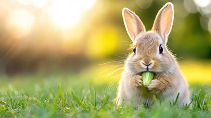 Fototapeta premium Cute baby rabbit enjoys fresh vegetable in springtime grass