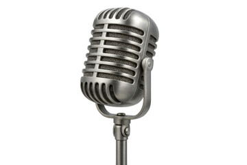 Vintage silver microphone capturing sound, broadcasting, recording, and musical performance on a transparent background