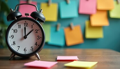 Black classic alarm clock on wooden table. Colorful sticky notes on wall, desk. Time management, work productivity, important deadlines, daily reminders for planning tasks. Morning routine concept.