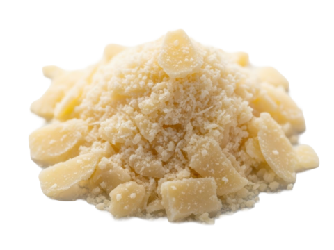 Parmesan cheese grated texture isolated on crisp white background