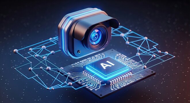 Perspective view of 3D AI machine vision system icon with camera and AI chip