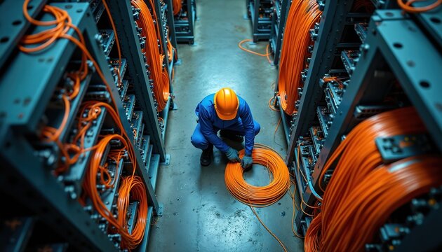 Technician installs orange fiber optic cables in a data center. Worker with hard hat routes wires between server racks. Network infrastructure upgrade in progress with tech pro handling connections.