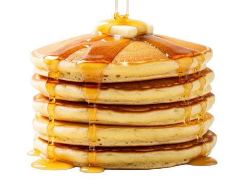 Pancake stack golden fluffy layers isolated on bright white background