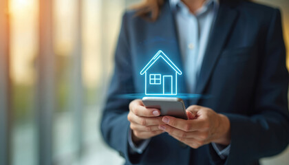 Person holds phone showing digital house icon. This represents online property search or real estate transactions via mobile app. Buying selling or renting homes is now digital.