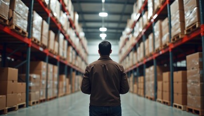 Man stands in large warehouse aisle, surrounded by tall shelves stacked high with cardboard boxes. Looks forward, assessing inventory, stock levels. Scene represents logistics management, supply