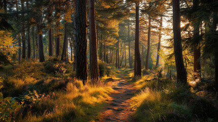 Obraz premium Serene nature walk at golden hour enchanted forest trail photography peaceful environment natural beauty