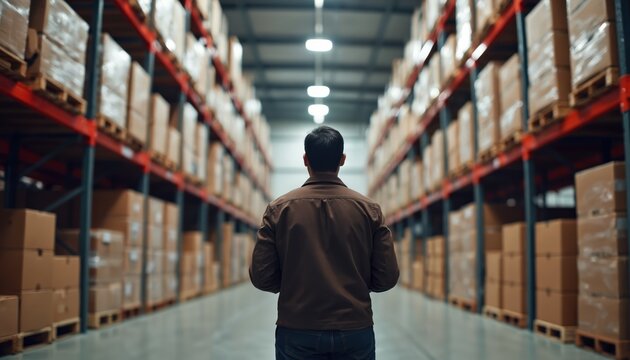 Man stands in large warehouse aisle, surrounded by tall shelves stacked high with cardboard boxes. Looks forward, assessing inventory, stock levels. Scene represents logistics management, supply