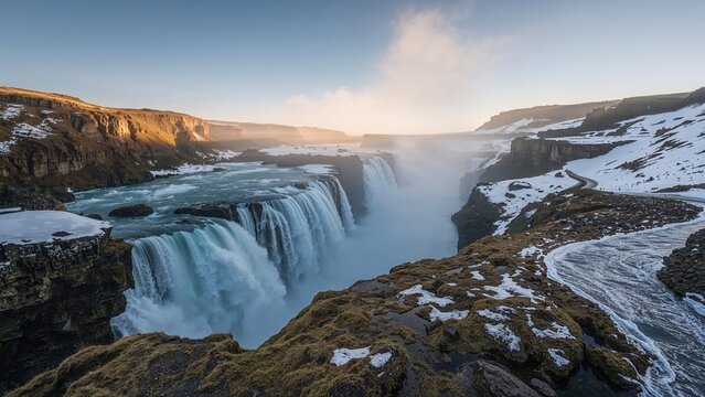 Waterfall scene captured during winter with snow-covered cliffs and flowing water. Scenic landscape of a cascade with icy patches. - Powered by Adobe