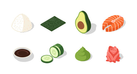 Isometric sushi ingredients set: rice, nori, avocado, salmon, more for japanese cuisine