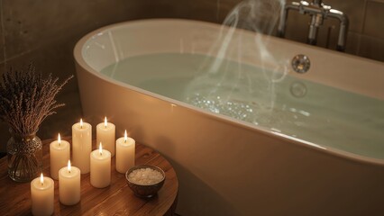 A relaxing bath with steam rising, surrounded by lit candles and a bowl of bath salts for a calming and soothing experience.