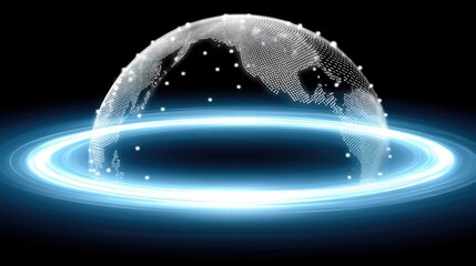 A digital globe made of dots with a glowing light ring around it against a dark background.
