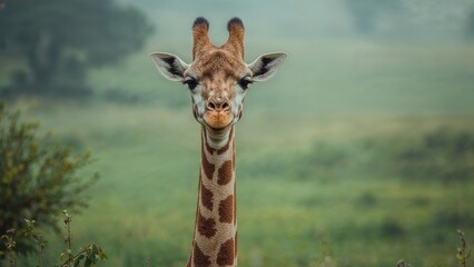 Giraffe in a natural habitat with a blurred green background. Wildlife and nature scene. The image perfect for conservation and animal awareness concepts.