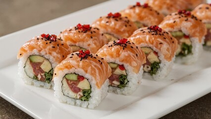 Sushi rolls with salmon, cucumber, avocado, and tuna on a white plate. Traditional Japanese cuisine. Fresh and delicious seafood. The concept of sushi and Japanese food.