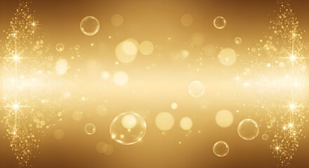 Abstract golden background shimmering with festive sparkles, elegant bokeh lights, and delicate floating bubbles, creating a celebratory atmosphere.