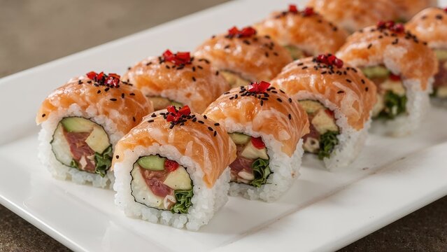 Sushi rolls with salmon, cucumber, avocado, and tuna on a white plate. Traditional Japanese cuisine. Fresh and delicious seafood. The concept of sushi and Japanese food. - Powered by Adobe