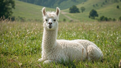 Obraz premium A llama lying in a grassy field with green hills and trees in the background.