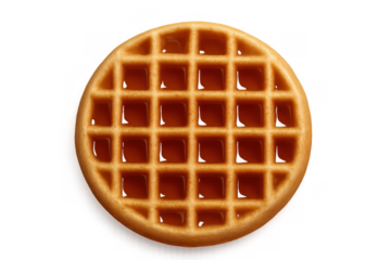 Round waffle with syrup, golden brown, representing a sweet breakfast or dessert. Studio shot on transparent background