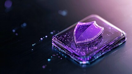 A digital shield icon sits on a glass surface, illuminated by a glowing effect, symbolizing data protection and security.