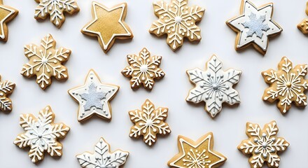 Elegant Christmas Snowflake and Star Cookies Flat Lay Pattern.