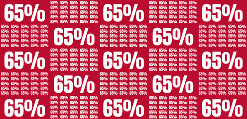 Repeating 65% discount or sale percentage pattern on a vibrant red background, ideal for promotional offers and special deals
