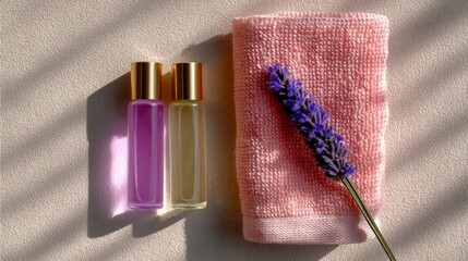 Still life image of two essential oil bottles, a lavender sprig, and a pink towel on a textured surface, with sunlight and shadows.