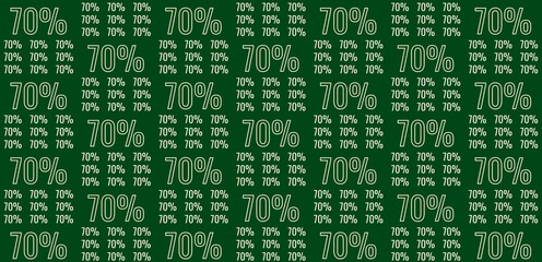 Seamless repeating pattern of seventy percent discount numbers on a dark green background, ideal for sale promotions and special offers