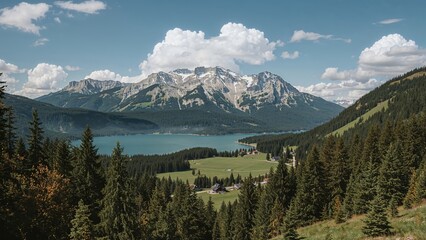 Obraz premium Scenic landscape of mountains, lake, and forest with clouds in the sky.