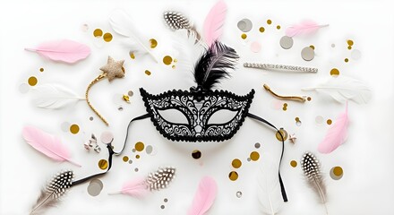 Elegant Black Masquerade Mask, Feathers, Confetti, White Background.