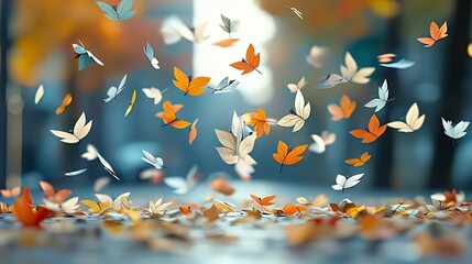 A close-up shot of falling autumn leaves with a blurred background, creating a sense of motion and the season.